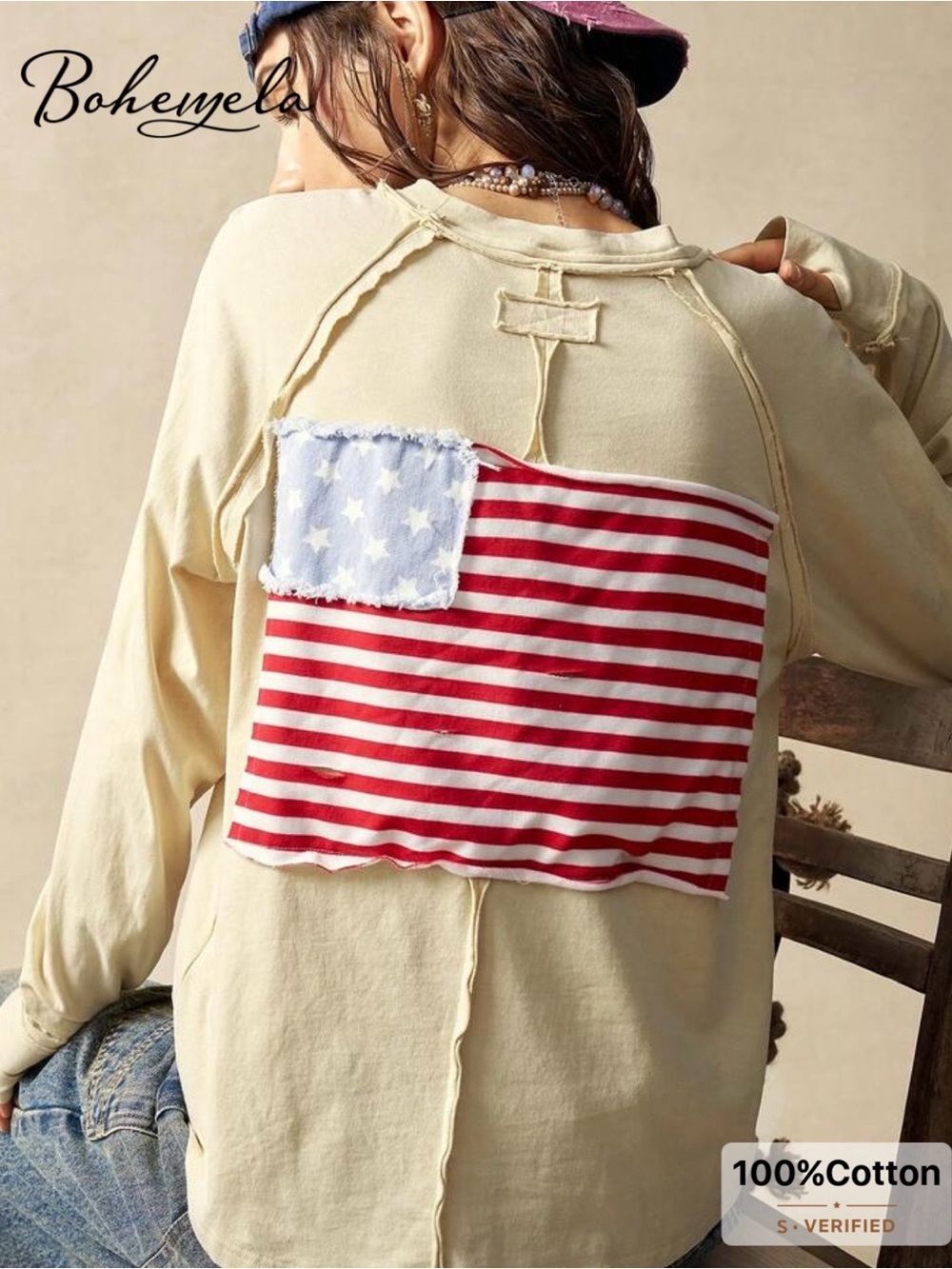 Bohemela Cream Cotton Long Sleeve Pullover with Red & Blue Flag Patch, Size XL